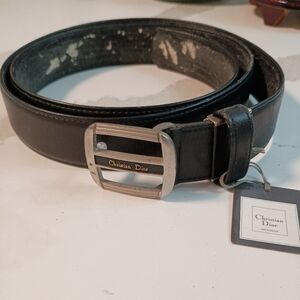 Dior Black Leather Belt with Silver Buckle